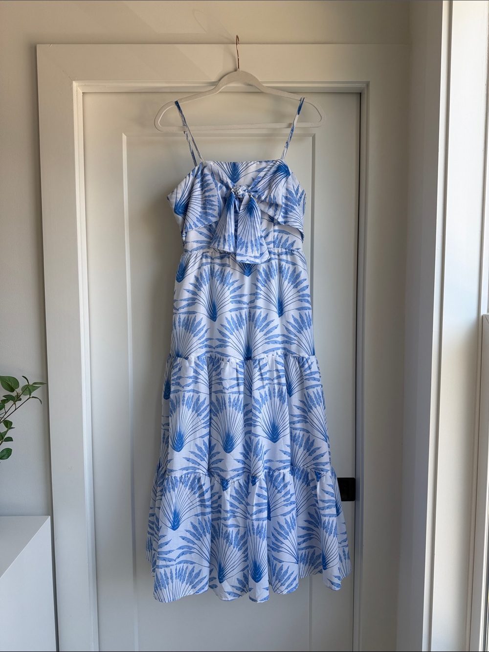 J Marie Blue Palm-Print Midi Dress with Tie Front - hill house inspired